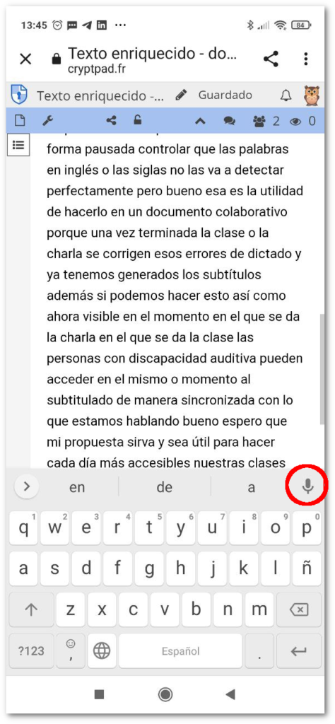 Posición del icono de micrófono para el dictado automático en celulares con Android