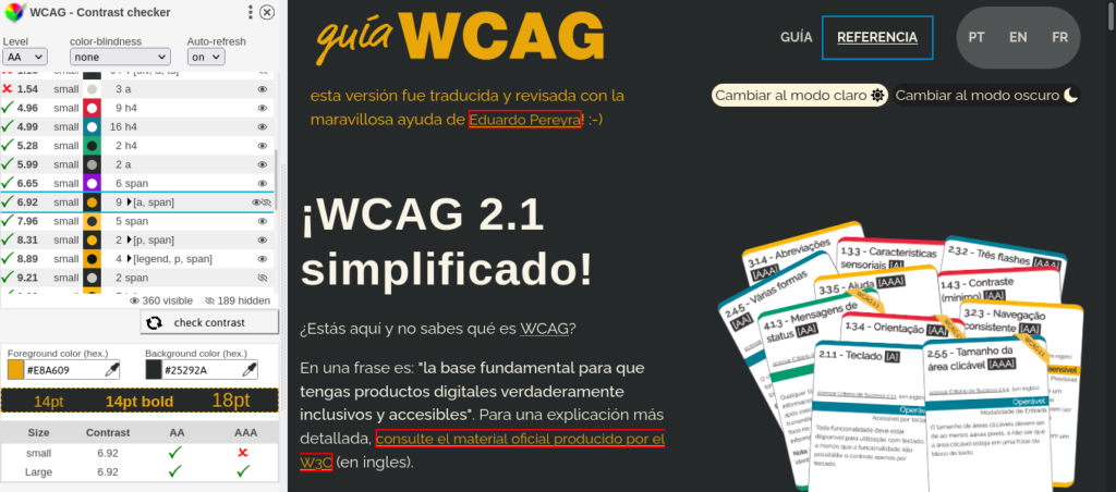 Captura de pantalla de la guía WCAG simplificada, con el control de contraste de color a su izquierda, que indica que el contraste es suficiente.