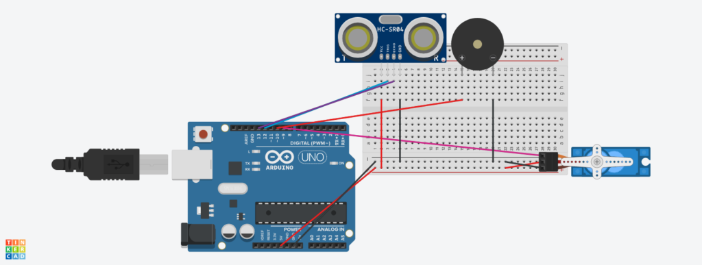 Esquema de conexiones armado en Tinkercad (simulador de circuitos)