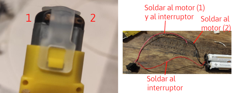 Del portapilas salen dos cables. Uno se suelda al motor y el otro al interruptor. Y se agrega otro cable desde el interruptor hasta el motor.