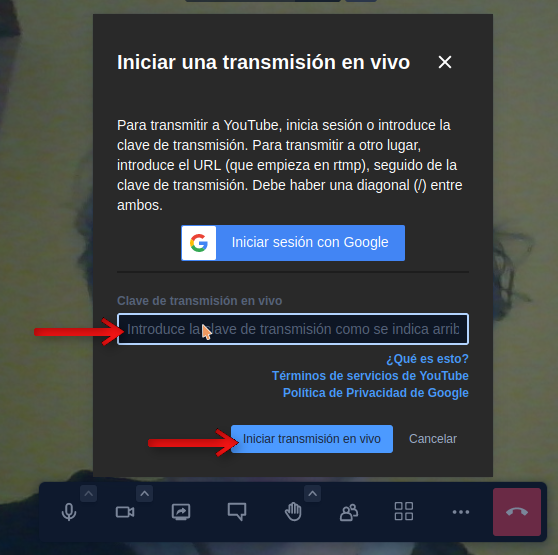 Pegar la clave combinada tal como se explicó anterioremente y hacer clic en "Iniciar transmisión en vivo".