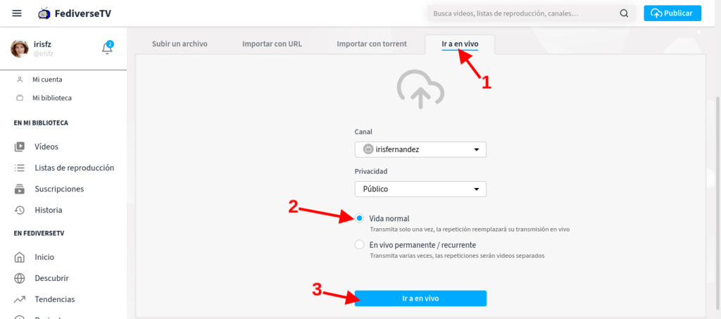 Clic en la pestaña "Ir a en vivo", elegir opción "Vida normal" y por último aceptar todo con el botón "Ir a en vivo".