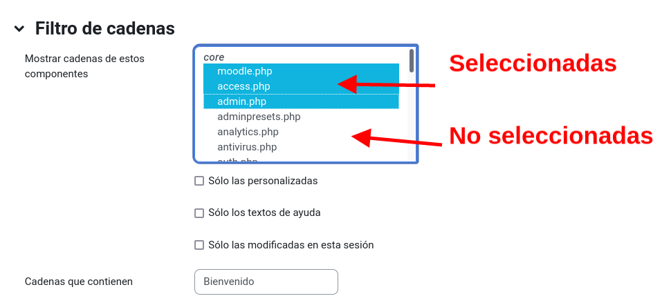 Archivos seleccionadas y no seleccionadas para la búsqueda de cadenas. Debajo está la opción "Cadenas que contienen".