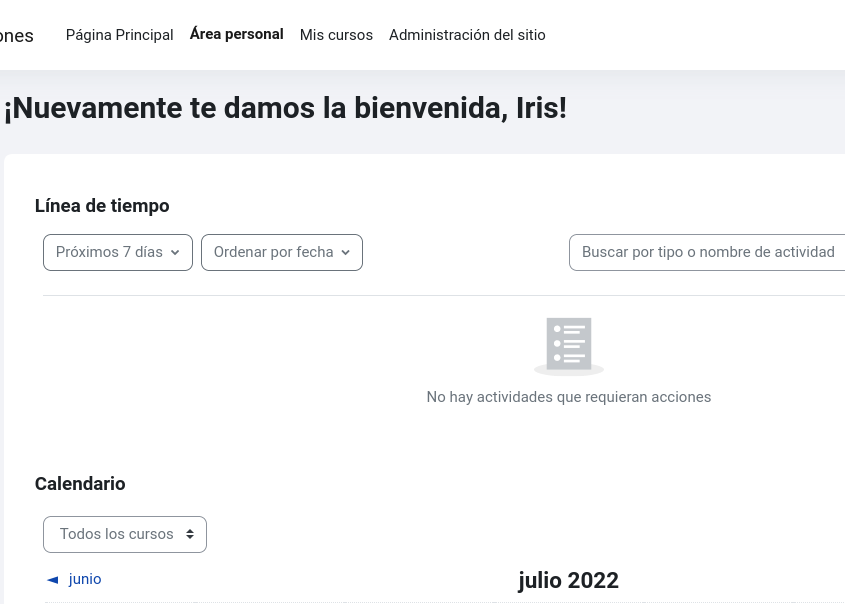 Pantalla donde se lee: "¡Nuevamente te damos la bienvenida, Iris!"