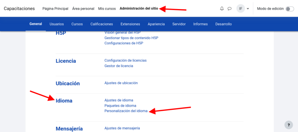 Administración del sitio / idioma / personalización del idioma