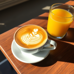 Café con leche decorado, jugo de naranja