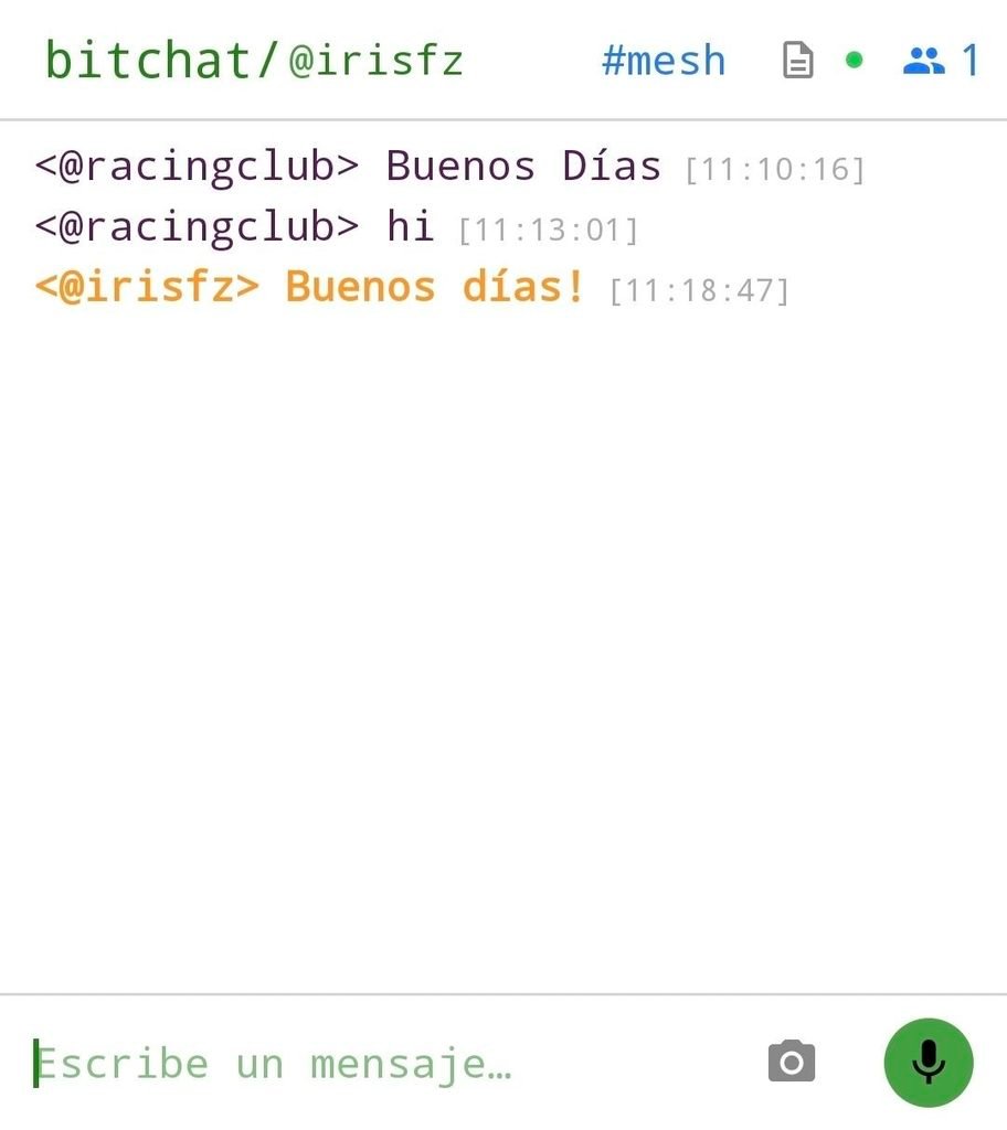 Pantalla minimalista de Bitchat, sólo texto, no contiene imágenes